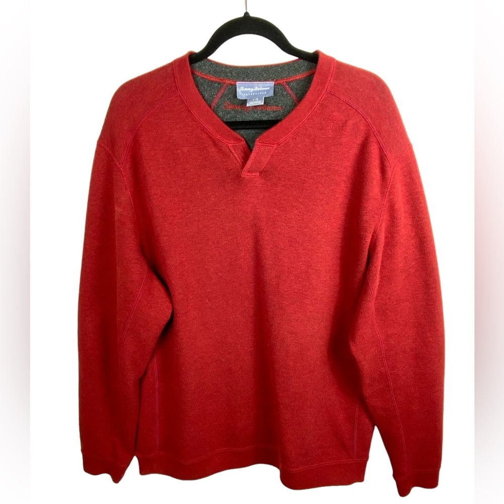 Tommy Bahama Reversible Pullover Sweater Mens Large Red Gray Long Sleeve